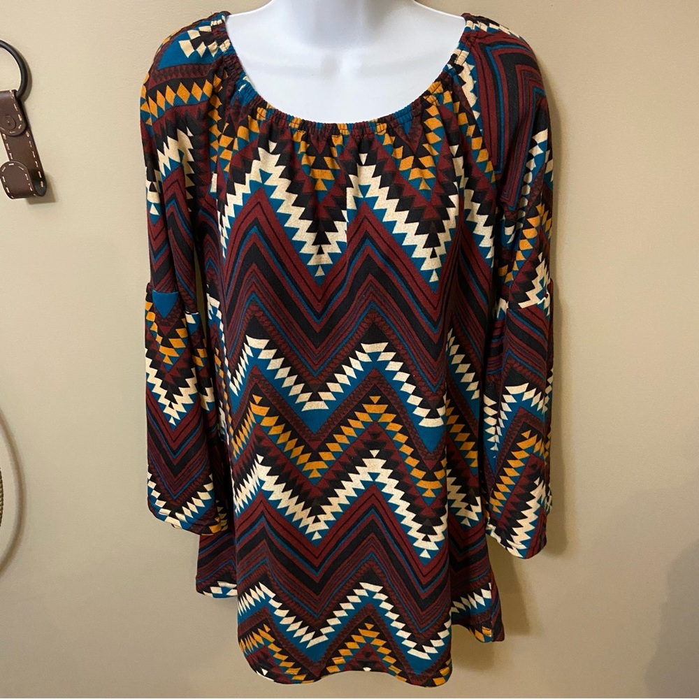 Aztec Multi Colored Bell SleeveTunic Boho Womens Win Win top size S/M